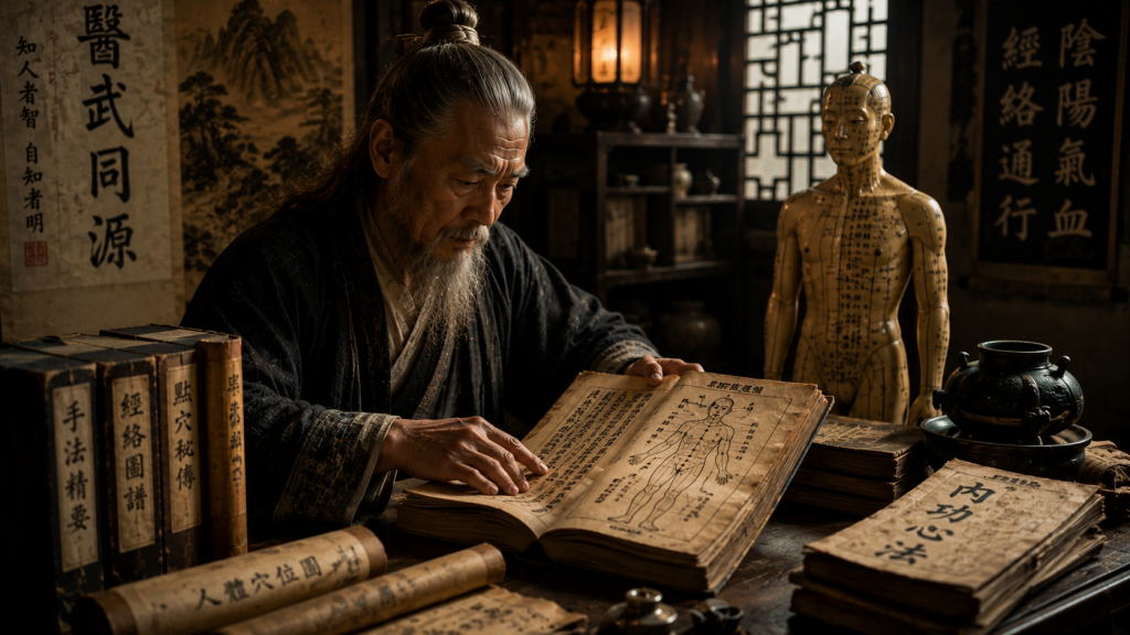 Ancien maître chinois étudiant des manuscrits et un mannequin d'acupuncture.