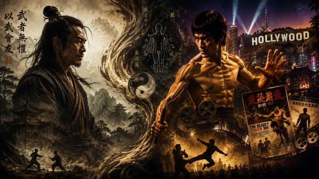 Illustration montrant la transformation du mythe du Dim Mak de la Chine ancienne vers Hollywood.