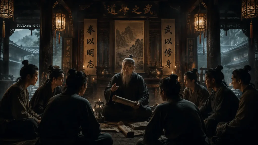 Un maître chinois transmet son savoir à ses disciples dans un temple traditionnel.