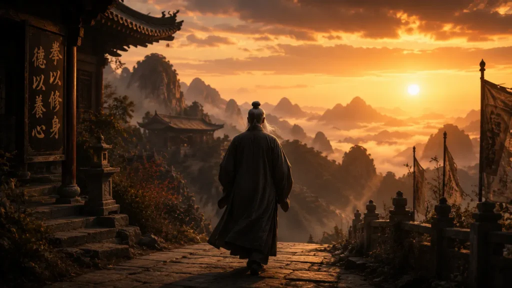Un maître d'arts martiaux quitte un temple chinois au coucher du soleil.