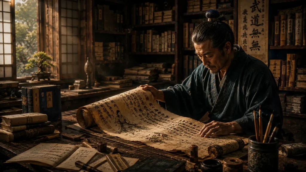 Illustration d'un chercheur étudiant un ancien densho, un rouleau de transmission des écoles martiales japonaises, dans une bibliothèque traditionnelle du Japon.