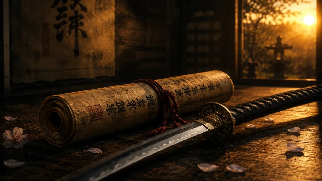 Illustration d'un katana posé à côté d'un densho, un ancien rouleau de transmission des écoles martiales japonaises, dans un dojo traditionnel.