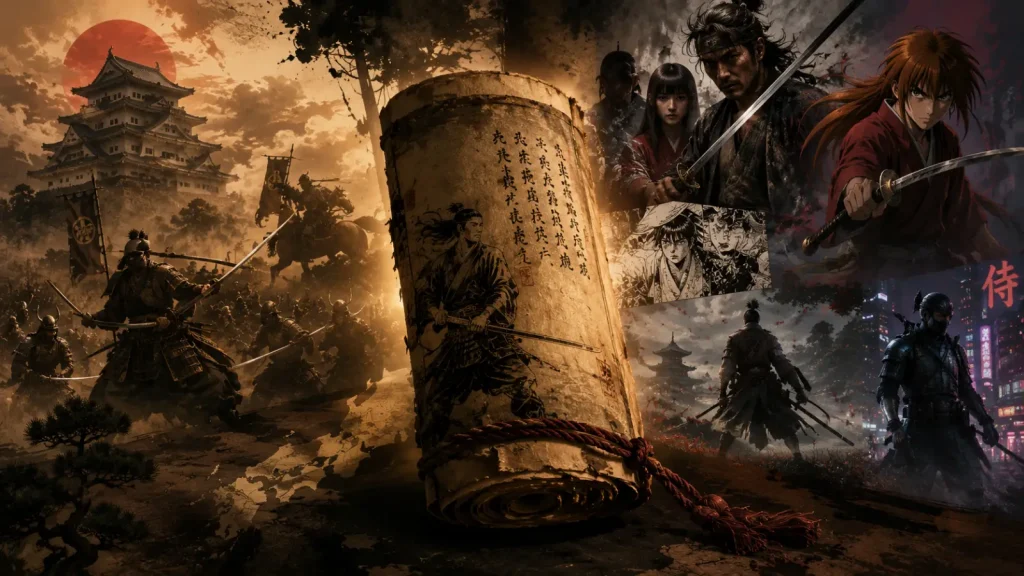 Illustration représentant un rouleau de samouraï au centre, entouré de scènes inspirées du Japon féodal, du cinéma, des mangas et des jeux vidéo illustrant l'évolution de la légende des manuscrits des samouraïs.