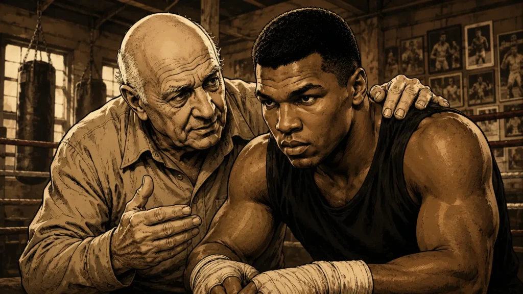Illustration de Mike Tyson à l'entraînement avec son mentor Cus D'Amato dans la salle de boxe de Catskill.