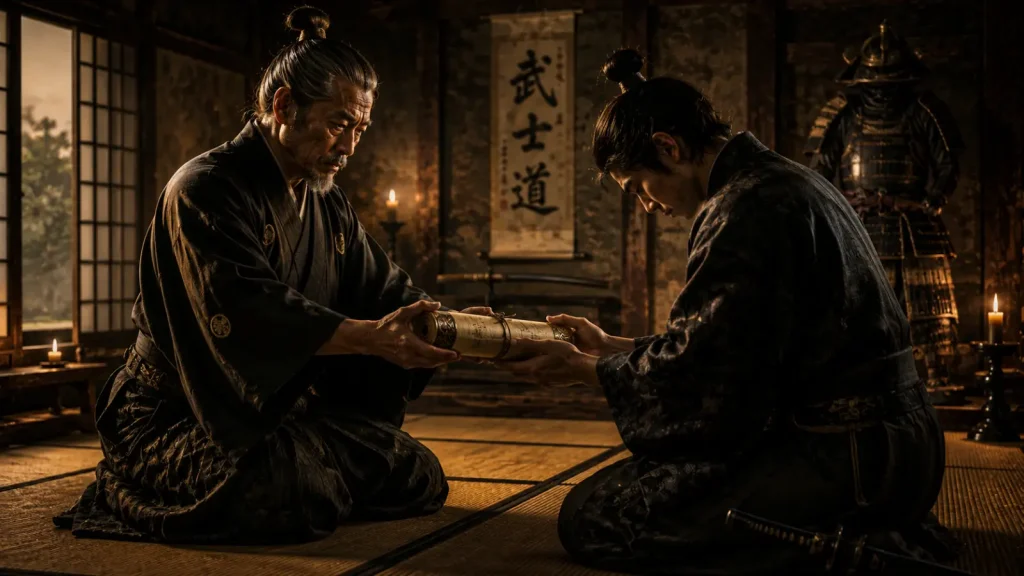 Illustration d'un maître samouraï remettant un densho, un rouleau de transmission, à son unique disciple dans un dojo traditionnel japonais.